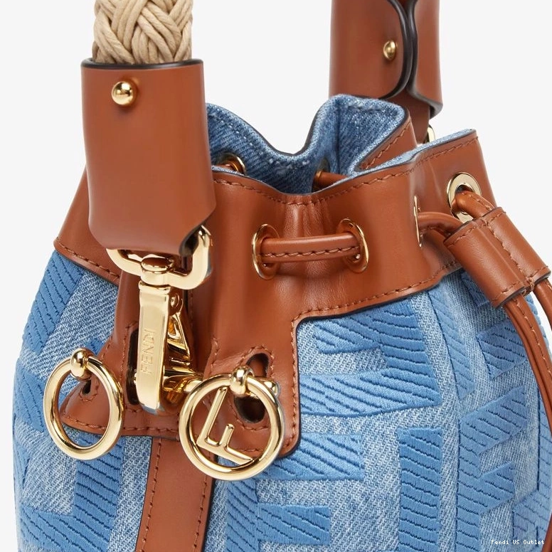 Vintage HOT Straw Fendi Blue with Tresor FF Mini Handle Bag Straw Bucket In Motif Mon 0803
